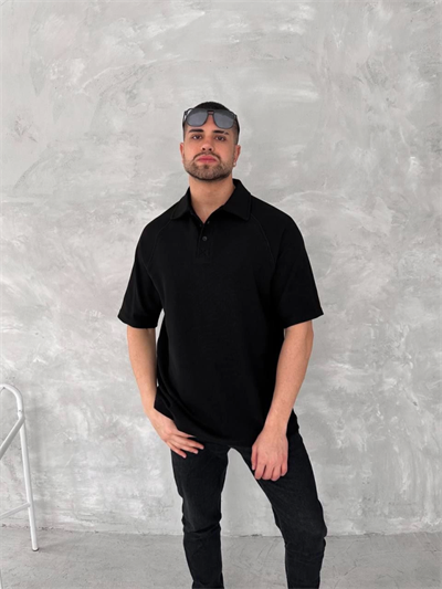 Yakalı Patlı Kısa Kol T-shirt - Siyah