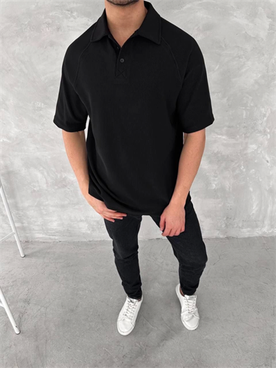 Yakalı Patlı Kısa Kol T-shirt - Siyah