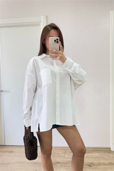 Yakalı Yandan Yırtmaçlı Gömlek - Beyaz