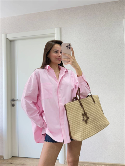 Yakalı Yandan Yırtmaçlı Gömlek - Pembe