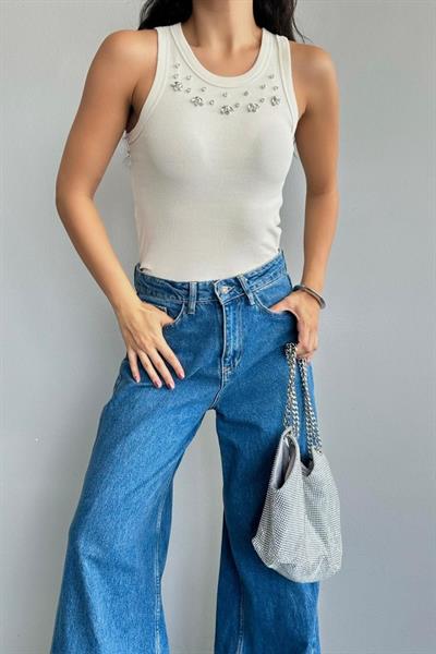 Yakası Taşlı Atlet - Ekru