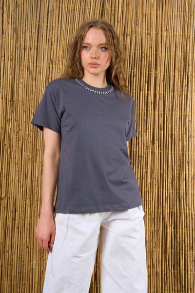 Yakası Taşlı Tshirt - Füme
