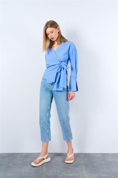 Yandan Bağalamalı Gömlek - Mavi-Beyaz