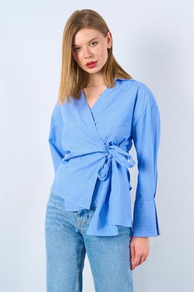 Yandan Bağalamalı Gömlek - Mavi-Beyaz