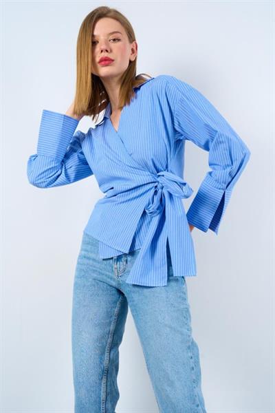 Yandan Bağalamalı Gömlek - Mavi-Beyaz