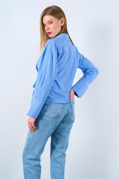 Yandan Bağalamalı Gömlek - Mavi-Beyaz
