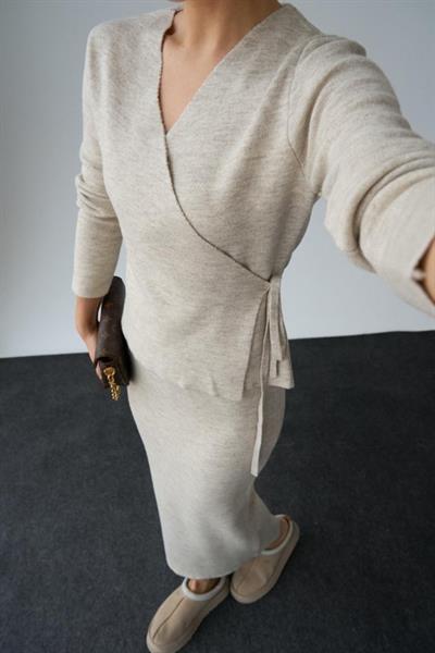 Yandan Bağlamalı Etekli Takım - Açık Bej