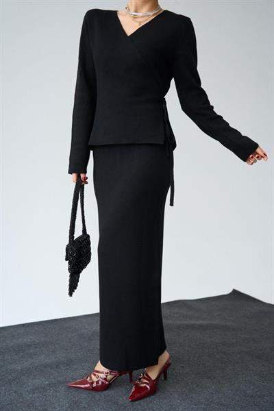 Yandan Bağlamalı Etekli Takım - Siyah