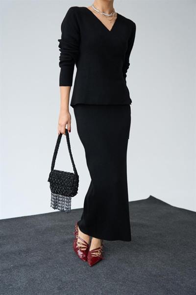 Yandan Bağlamalı Etekli Takım - Siyah