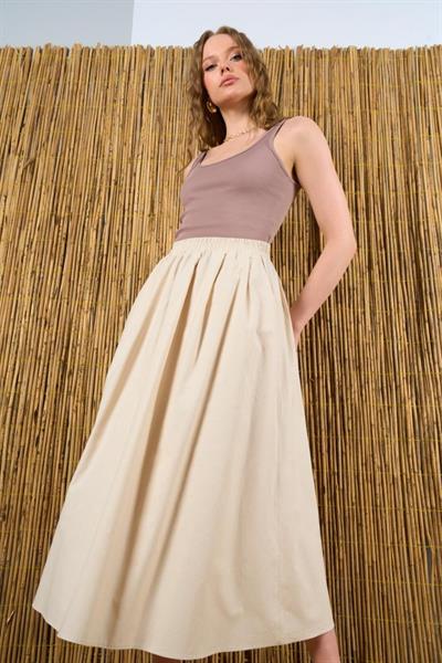 Yandan Cepli Etek - Bej