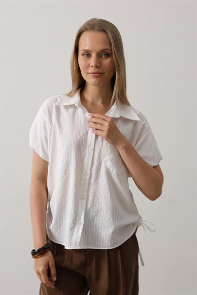 Yanlar Büzmeli Kısa Balon Kol Gömlek - Beyaz