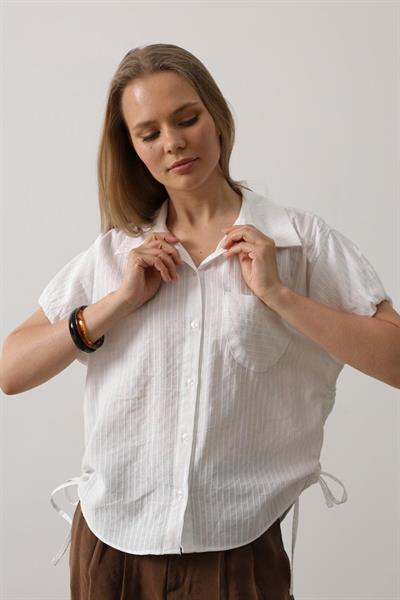 Yanlar Büzmeli Kısa Balon Kol Gömlek - Beyaz