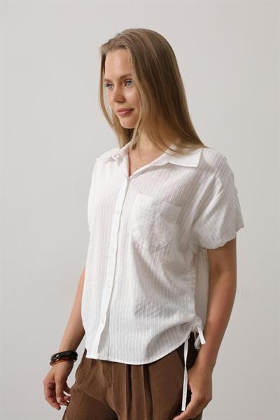 Yanlar Büzmeli Kısa Balon Kol Gömlek - Beyaz