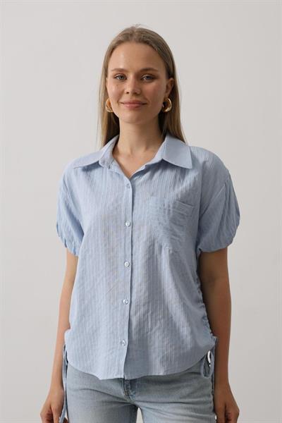 Yanlar Büzmeli Kısa Balon Kol Gömlek - Bebe Mavisi