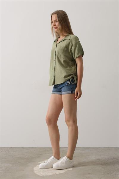 Yanlar Büzmeli Kısa Balon Kol Gömlek - Haki