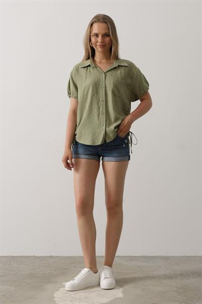 Yanlar Büzmeli Kısa Balon Kol Gömlek - Haki