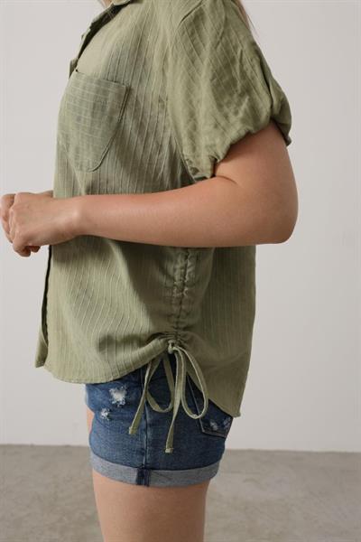 Yanlar Büzmeli Kısa Balon Kol Gömlek - Haki