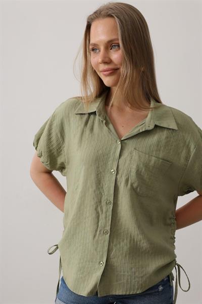 Yanlar Büzmeli Kısa Balon Kol Gömlek - Haki