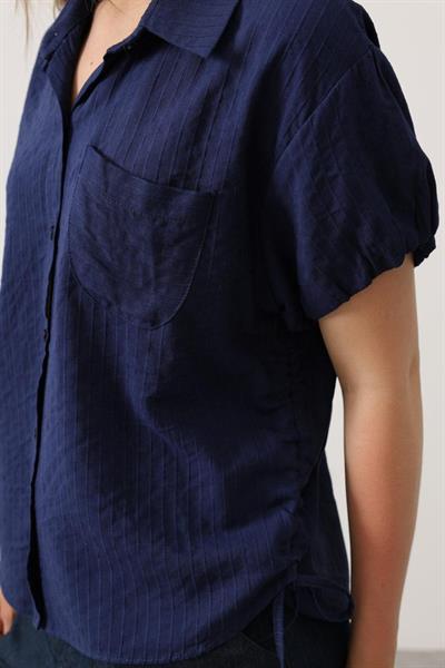 Yanlar Büzmeli Kısa Balon Kol Gömlek - Lacivert