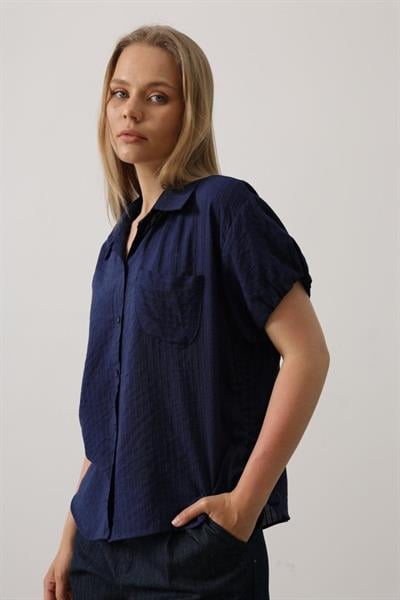 Yanlar Büzmeli Kısa Balon Kol Gömlek - Lacivert