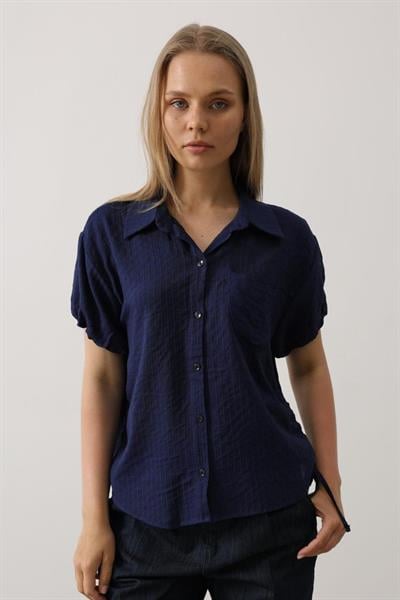 Yanlar Büzmeli Kısa Balon Kol Gömlek - Lacivert