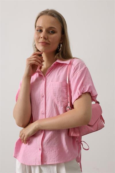 Yanlar Büzmeli Kısa Balon Kol Gömlek - Pembe