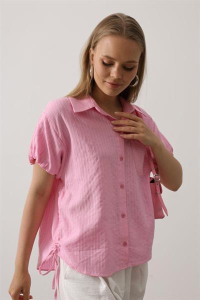 Yanlar Büzmeli Kısa Balon Kol Gömlek - Pembe
