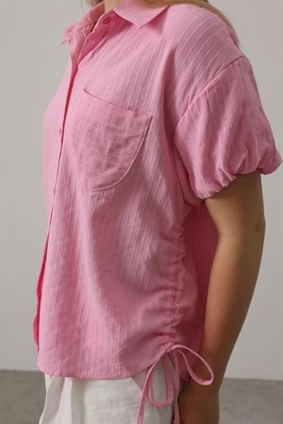 Yanlar Büzmeli Kısa Balon Kol Gömlek - Pembe
