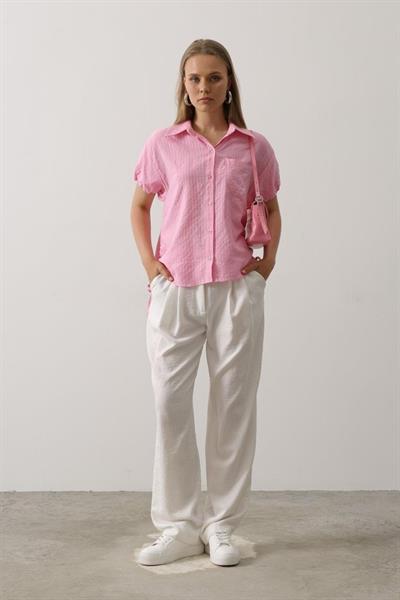 Yanlar Büzmeli Kısa Balon Kol Gömlek - Pembe