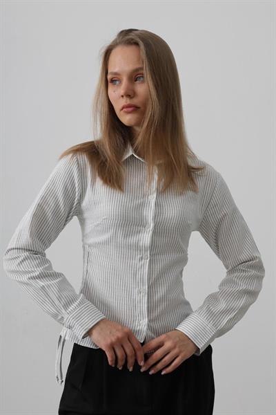 Yanları Büzgülü Çizgili Gömlek - Siyah-Beyaz