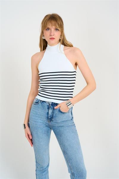 Yarım Balıkçı Çizgili Body - Beyaz-Siyah