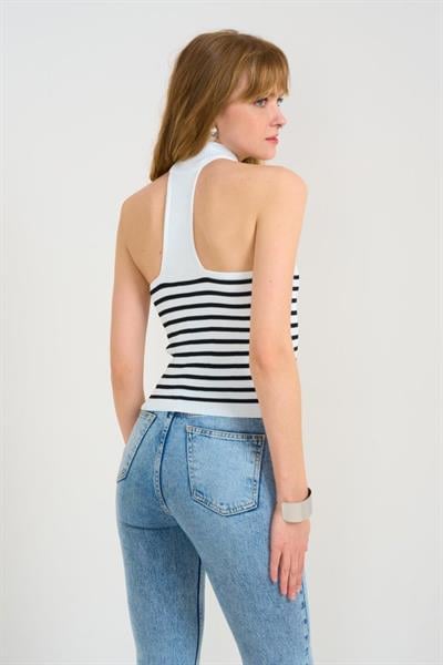 Yarım Balıkçı Çizgili Body - Beyaz-Siyah