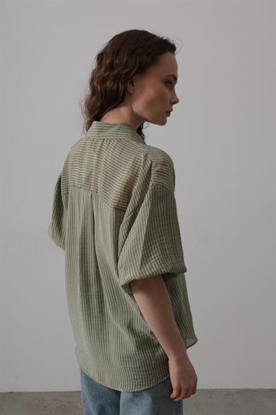 Yarım Balon Kol Çizgili Gömlek - Haki