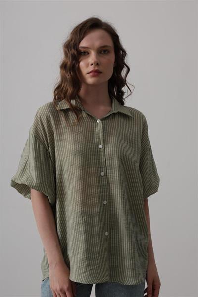 Yarım Balon Kol Çizgili Gömlek - Haki