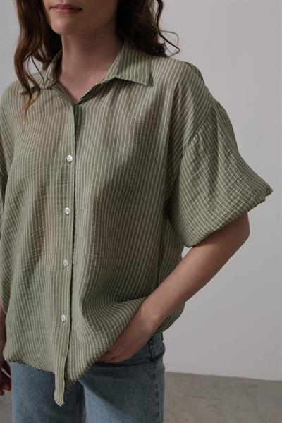 Yarım Balon Kol Çizgili Gömlek - Haki