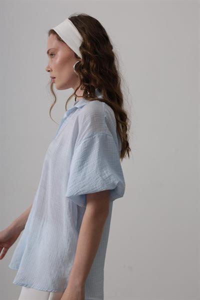 Yarım Balon Kol Çizgili Gömlek - Mavi