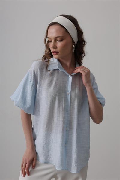 Yarım Balon Kol Çizgili Gömlek - Mavi