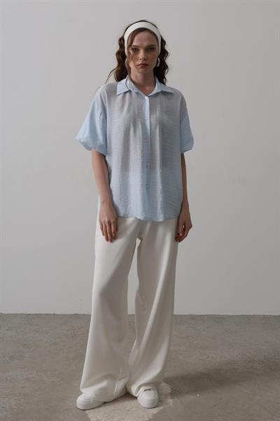 Yarım Balon Kol Çizgili Gömlek - Mavi