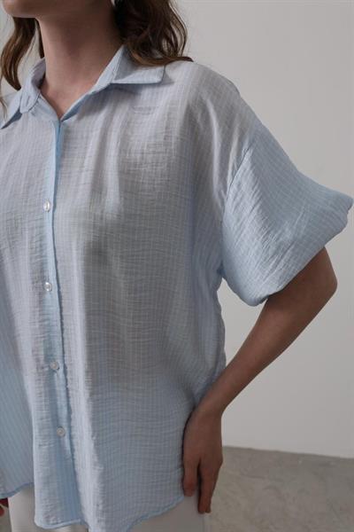 Yarım Balon Kol Çizgili Gömlek - Mavi