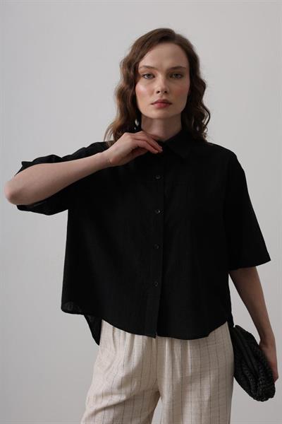 Yarım Balon Kol Çizgili Gömlek - Siyah