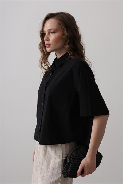 Yarım Balon Kol Çizgili Gömlek - Siyah