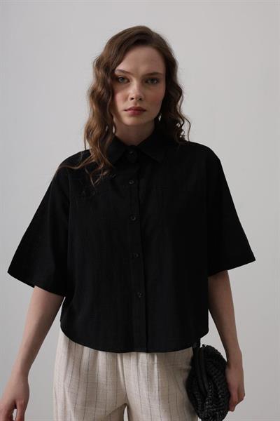 Yarım Balon Kol Çizgili Gömlek - Siyah