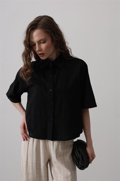 Yarım Balon Kol Çizgili Gömlek - Siyah