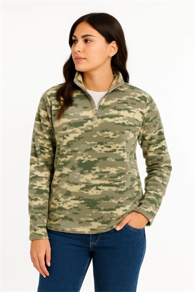 Yarım Fermuarlı Desenli Polar Sweat – Haki Kamuflaj Yakalı, Uzun Kollu, Oversize Rahat Kalıp - Haki