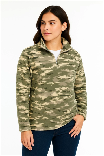 Yarım Fermuarlı Desenli Polar Sweat – Haki Kamuflaj Yakalı, Uzun Kollu, Oversize Rahat Kalıp - Haki
