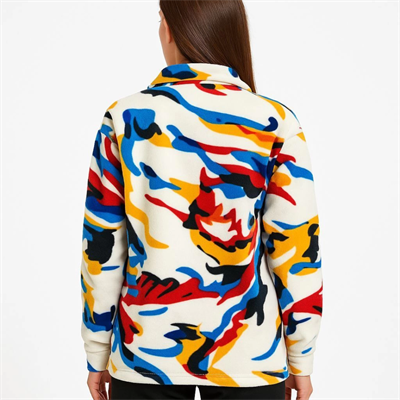 Yarım Fermuarlı Desenli Polar Sweat – Renkli Abstract Desen Yakalı, Uzun Kollu, Oversize Rahat Kalıp - Beyaz