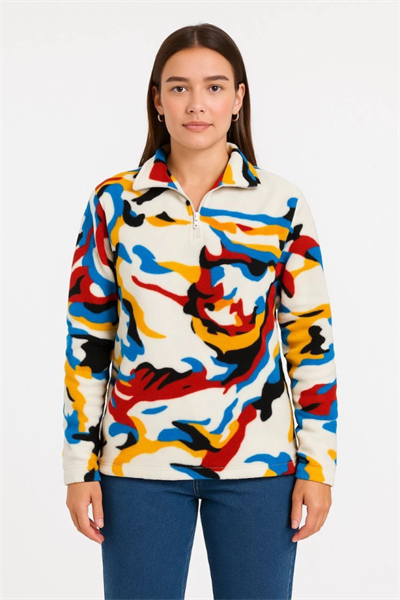 Yarım Fermuarlı Desenli Polar Sweat – Renkli Abstract Desen Yakalı, Uzun Kollu, Oversize Rahat Kalıp - Beyaz
