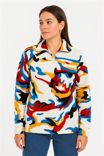 Yarım Fermuarlı Desenli Polar Sweat – Renkli Abstract Desen Yakalı, Uzun Kollu, Oversize Rahat Kalıp - Beyaz