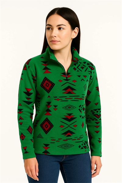 Yarım Fermuarlı Desenli Polar Sweat Tribal Etnik Desen Yakalı, Uzun Kollu, Oversize Rahat Kalıp - Yeşil
