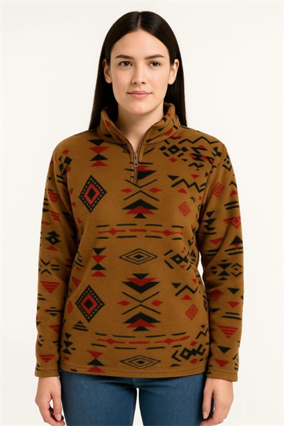 Yarım Fermuarlı Desenli Polar Sweat Tribal Etnik Desen Yakalı, Uzun Kollu, Oversize Rahat Kalıp - Kahverengi